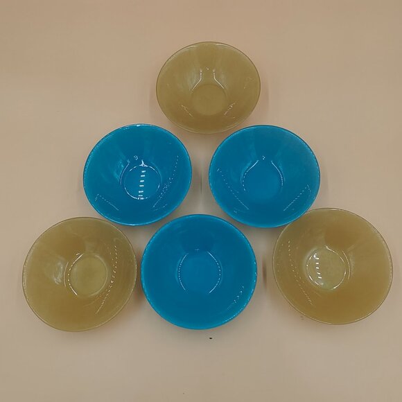 6 Vintage ARC France Glass 6.5” x 1.8” deep Bowls Matte 3 Yellow 3 Blue Set - Picture 2 of 10